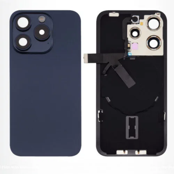 iPhone 15 Pro big hole back glass collar magnet wireless charging blue iPhone 15 Pro Achterkant Glas - (incl. camera lens, zaklamp en draadloze oplader) - Blauw