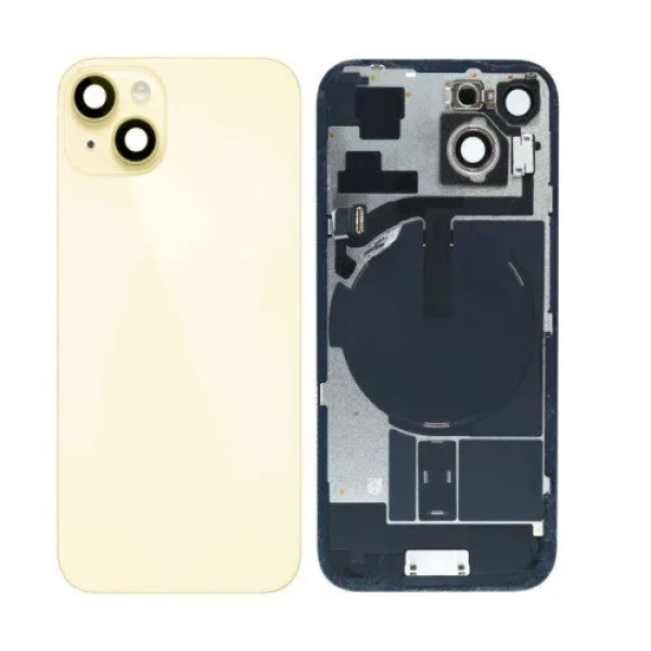 iPhone 15 big hole back glass collar magnet wireless charging yellow iPhone 15 Achterkant Glas - (incl. camera lens, zaklamp en draadloze oplader) - Geel