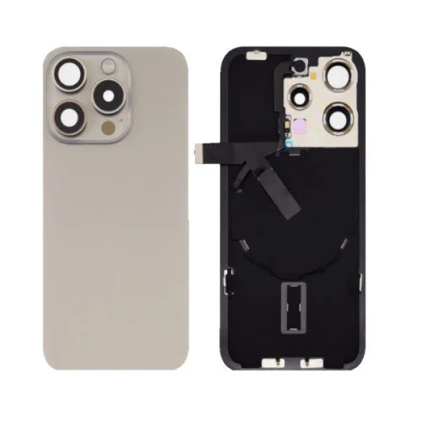 iPhone 15 Pro big hole back glass collar magnet wireless charging natural iPhone 15 Pro Achterkant Glas - (incl. camera lens, zaklamp en draadloze oplader) - natural