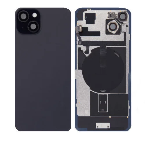iPhone 15 plus big hole back glass collar magnet wireless charging black iPhone 15 plus Achterkant Glas - (incl. camera lens, zaklamp en draadloze oplader) - Zwart