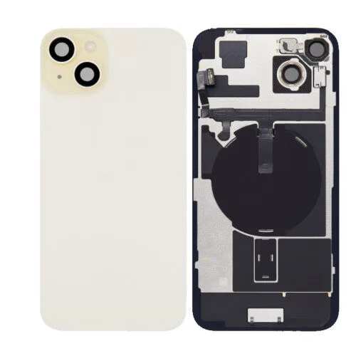iPhone 15 plus big hole back glass collar magnet wireless charging yellow iPhone 15 plus Achterkant Glas - (incl. camera lens, zaklamp en draadloze oplader) - Geel