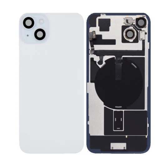 iPhone 15 plus big hole back glass collar magnet wireless charging blue iPhone 15 plus Achterkant Glas - (incl. camera lens, zaklamp en draadloze oplader) - Blauw