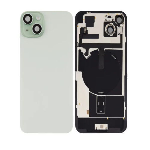 iPhone 15 plus big hole back glass collar magnet wireless charging green iPhone 15 plus Achterkant Glas - (incl. camera lens, zaklamp en draadloze oplader) - Groen