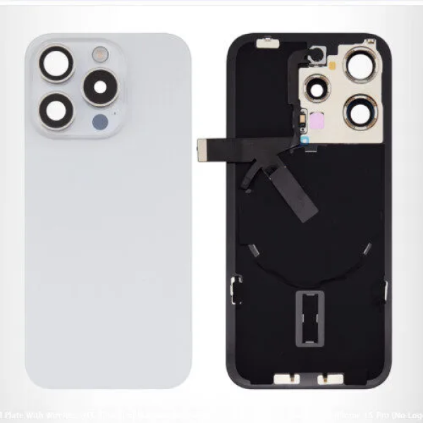 iPhone 15 Pro big hole back glass collar magnet wireless charging white iPhone 15 Pro Achterkant Glas - (incl. camera lens, zaklamp en draadloze oplader) - Wit
