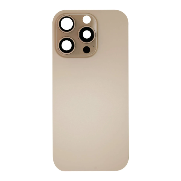 iPhone 16 Pro big hole back glass collar magnet wireless charging gold iPhone 16 Pro Achterkant Glas - (incl. camera lens, zaklamp en draadloze oplader) - Desert