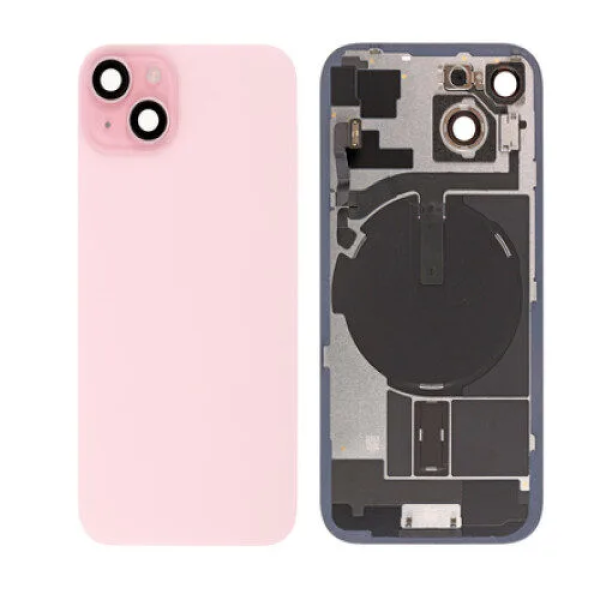 iPhone 15 big hole back glass collar magnet wireless charging pink iPhone 15 Achterkant Glas - (incl. camera lens, zaklamp en draadloze oplader) - Roze