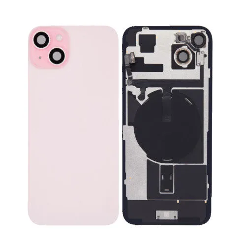 iPhone 15 plus big hole back glass collar magnet wireless charging pink iPhone 15 plus Achterkant Glas - (incl. camera lens, zaklamp en draadloze oplader) - Roze